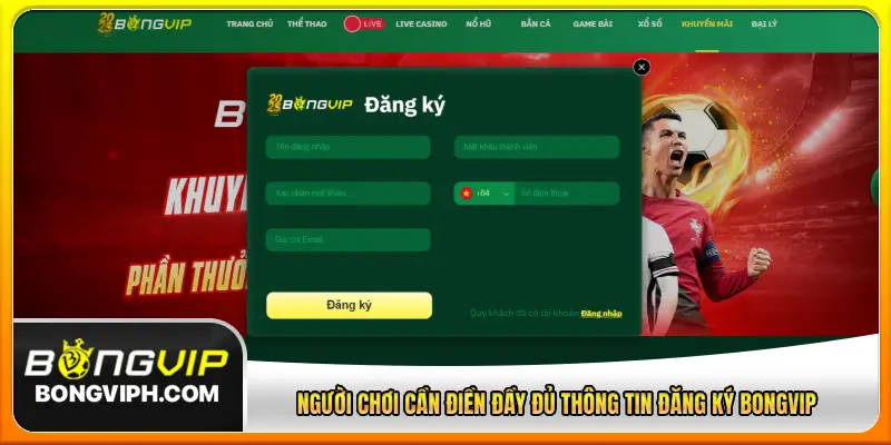 Người chơi cần điền đầy đủ thông tin đăng ký BONGVIP