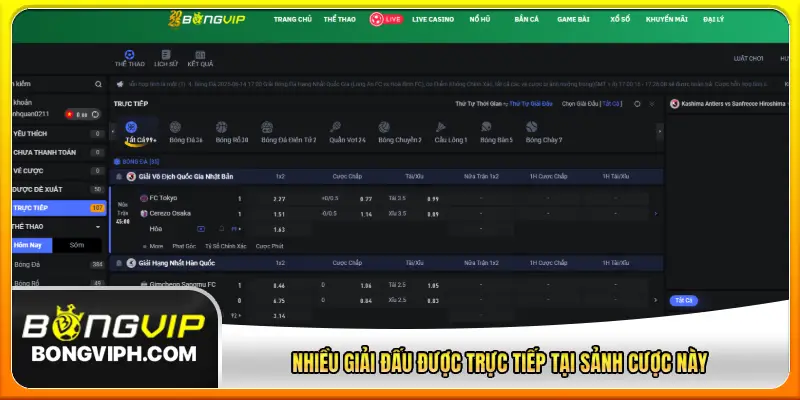 Nhiều giải đấu được trực tiếp tại sảnh cược này