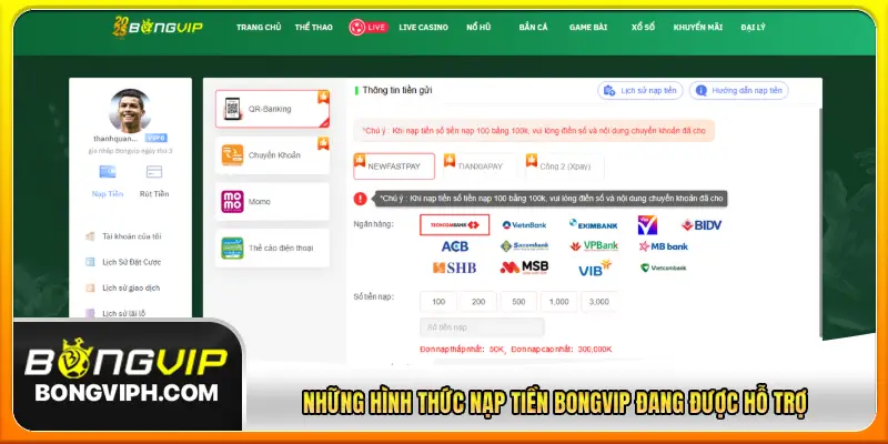 Những hình thức nạp tiền Bongvip đang được hỗ trợ